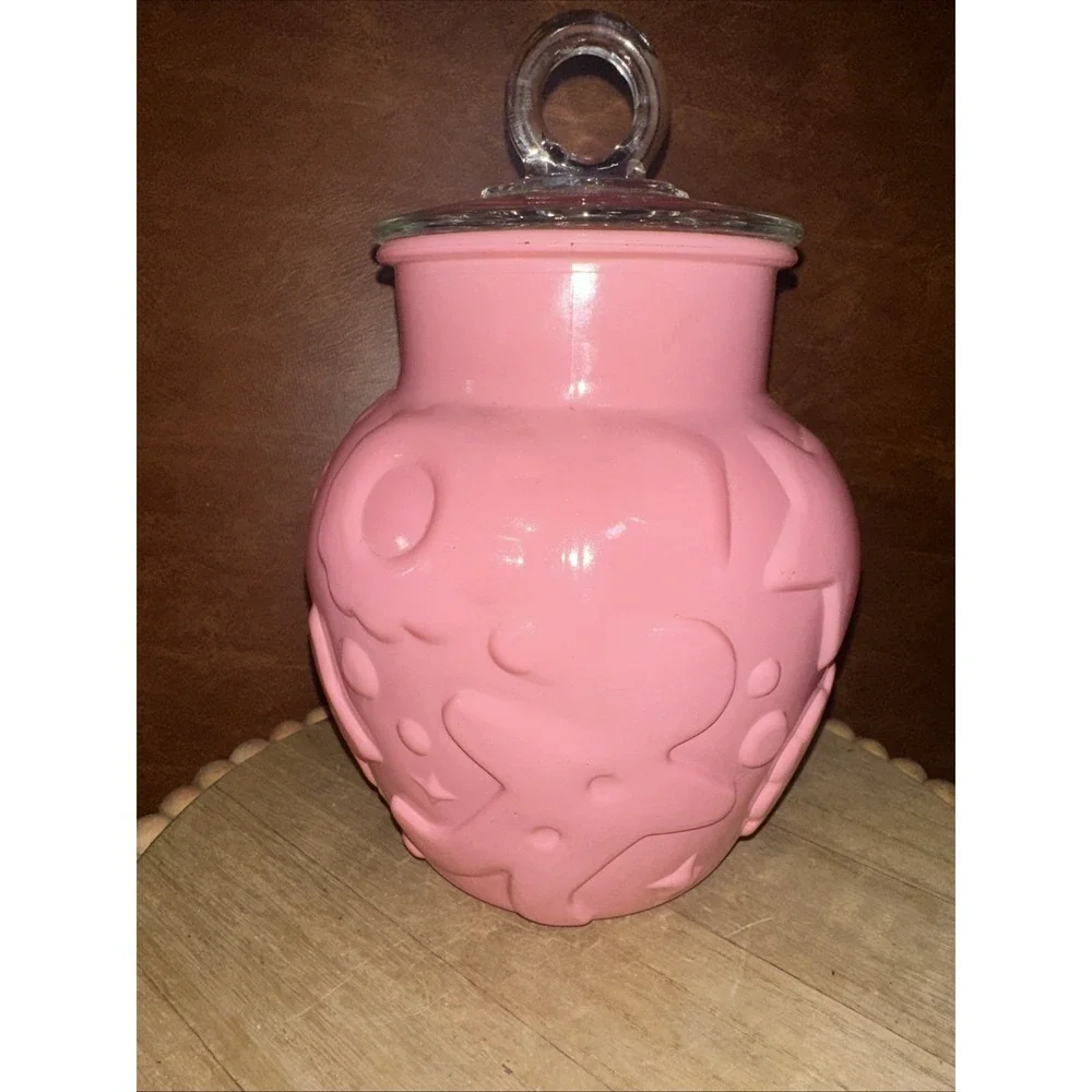 Vintage Hazel Atlas Gingerbread Man Cookie Jar Pink / Clear lid -1960